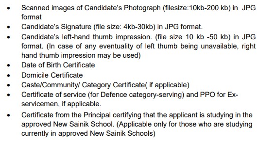 document for admission in sainik school